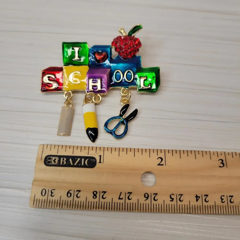 Teacher Gift!!  Colorful Block I Love School Pin with Dangle Figures